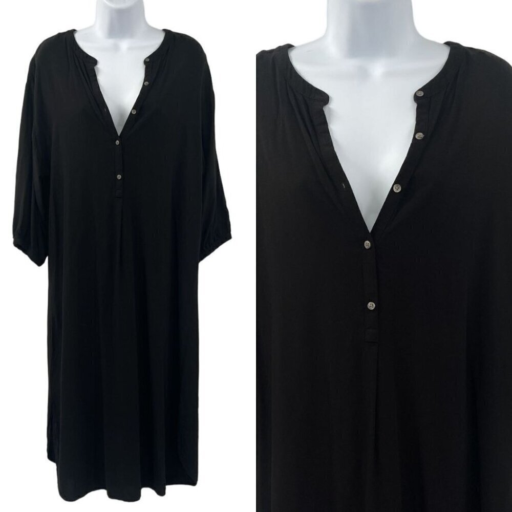 Ann Taylor LOFT Solid Loose Oversized T-Shirt Button Shirt Midi Dress Black